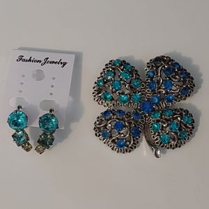 Shamrock Lucky 4 Leaf Clover Brooch Silvertone Faux Blue Sapphire w Clip Earring